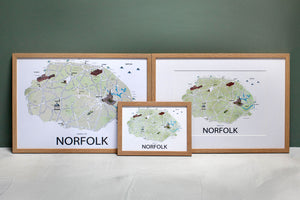 Funny illustrated map of Norfolk, full of sayings and phrases, available framed or as prints. Hand drawn original artwork depicts Norwich Cathedral, Sandringham House and Blicking Hall. Almost 100 amusing local sayings reflect Norfolk culture 