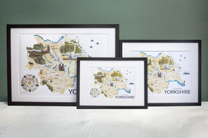 Funny illustrated Yorkshire map of local sayings and phrases available framed or as prints. Hand drawn cool original design depicts Yorkshire culture and language. Landmarks including York Minster, Castle Howard, Whitby whalebones and the White Rose. 
