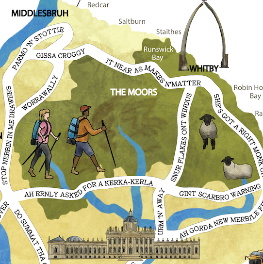 Yorkshire map, full of funny Yorkshire sayings